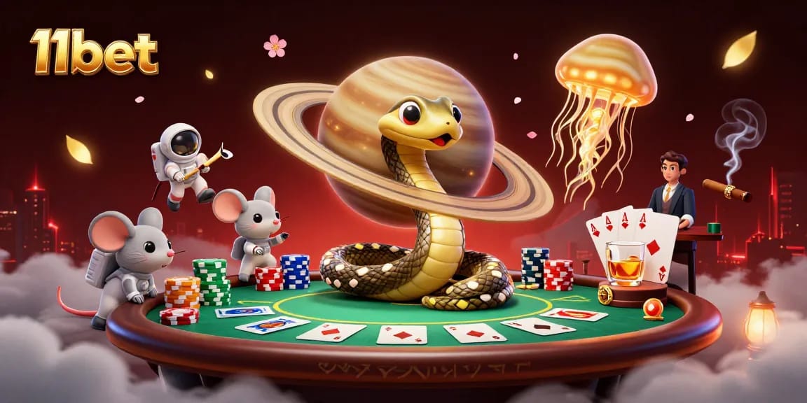 Bet on 11bet's vibrant cosmic casino scene with astronaut mice and a golden jellyfish dealer.