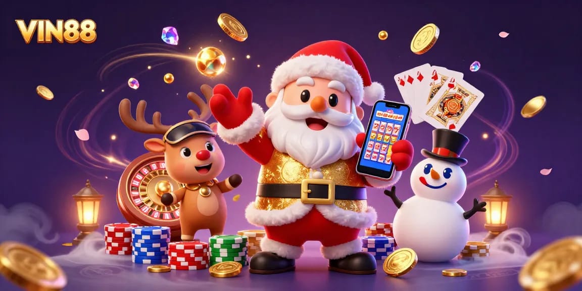 Experience the thrill at VIN88 casino with festive gaming excitement and vibrant animations featuring Santa and friends.