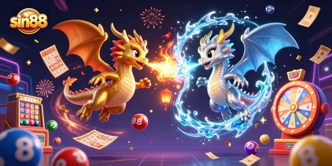 Engage with sin88's thrilling lottery game experience with vibrant dragons and dynamic elements.