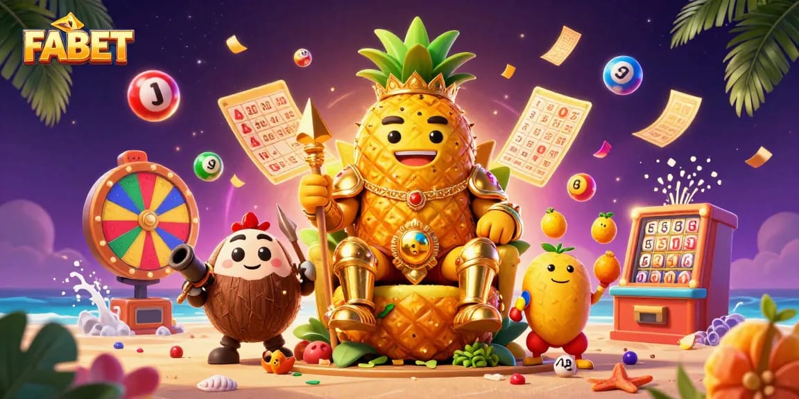 Join the FABET fun with the golden pineapple king ruling the vibrant beach casino!