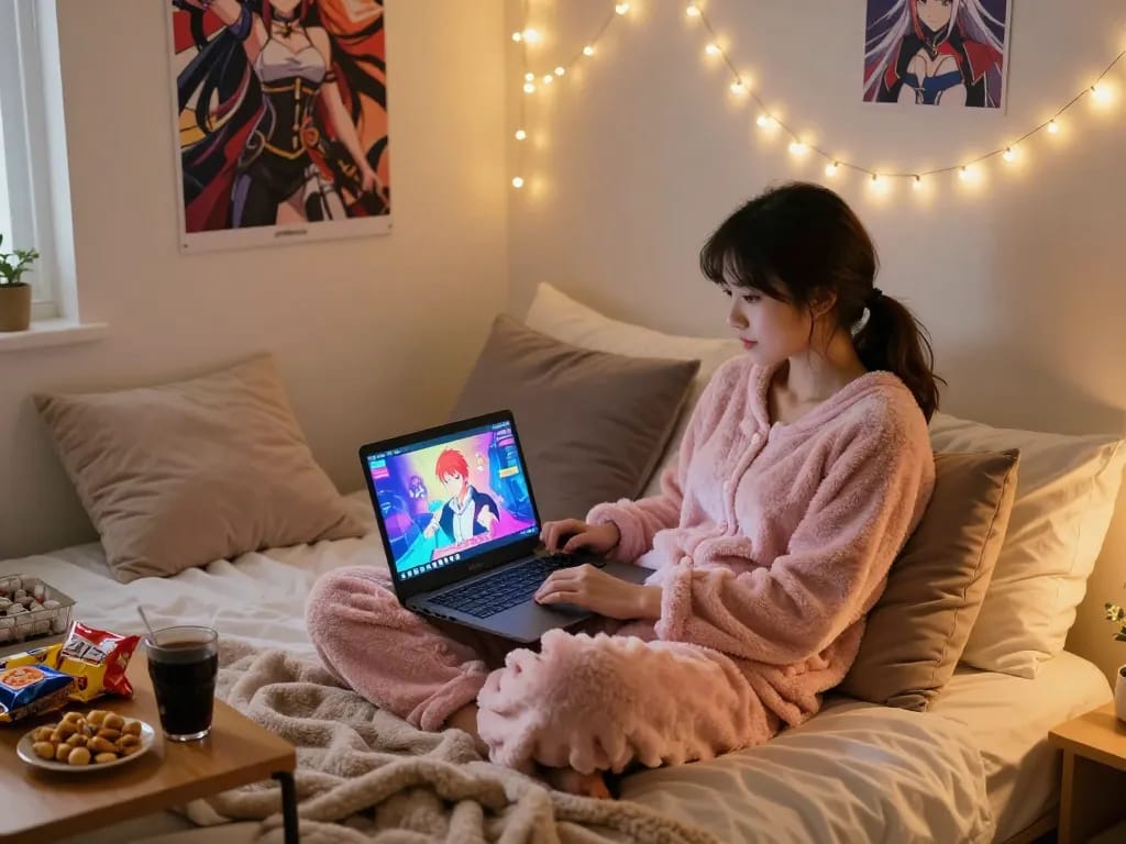Engaging in a porno game experience in a cozy bedroom, laptop open with colorful animations.