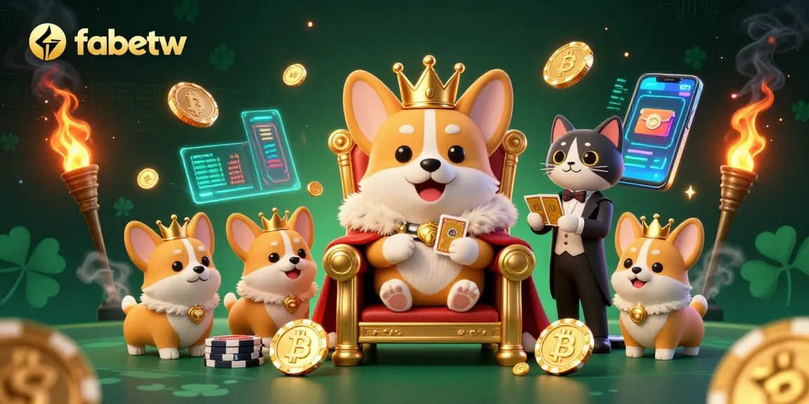 Experience fabetw with a royal corgi and cryptocurrency elements in this vibrant casino scene.