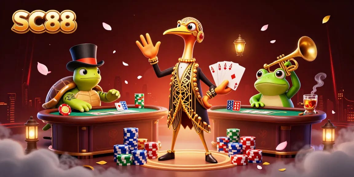Experience the vibrant SC88 gaming scene, featuring whimsical characters and poker excitement.