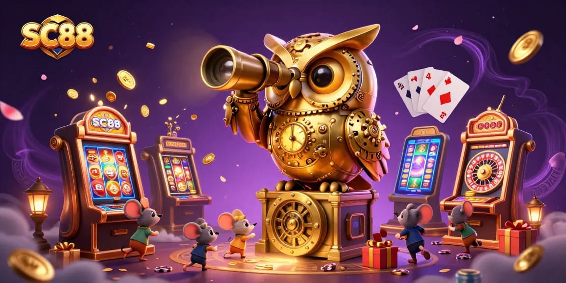 Engage with SC88's vibrant gaming scene featuring a golden owl and lively casino elements