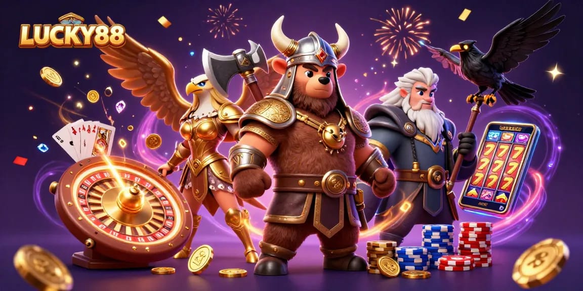 Engage in thrilling gaming at LUCKY88 with 3D cartoon characters, golden coins, and vibrant casino elements.