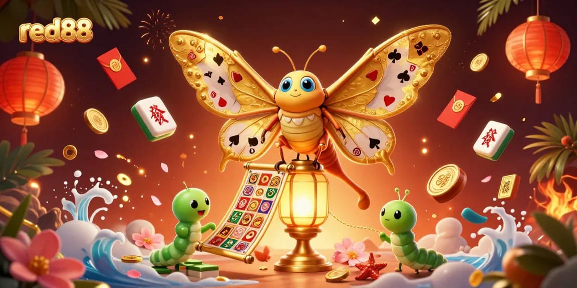 Experience the thrill of red88 with a vibrant 3D casino scene featuring a golden moth and festive elements.