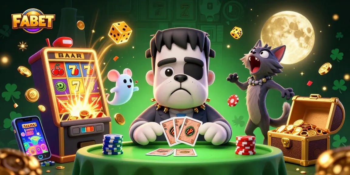 FABET showcases a lively casino scene with a cartoon bulldog dealer, gold moon, and vibrant slots.