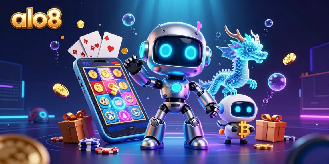 Experience the thrill of gambling with alo8 as a neon cyberpunk robot meets colorful slot games and bitcoin.