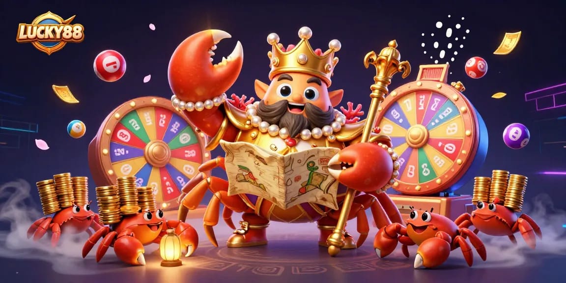 Engage with LUCKY88 offers through a vibrant scene filled with dynamic casino elements and characters.