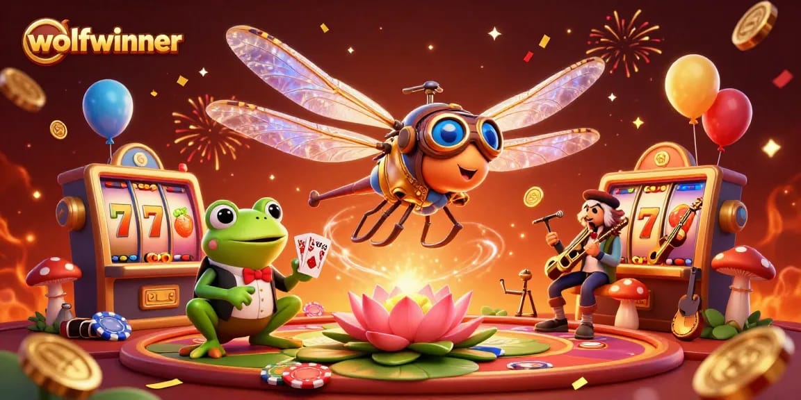 wolfwinner showcases a vibrant casino scene with a dragonfly pilot and frog croupier dealing cards.