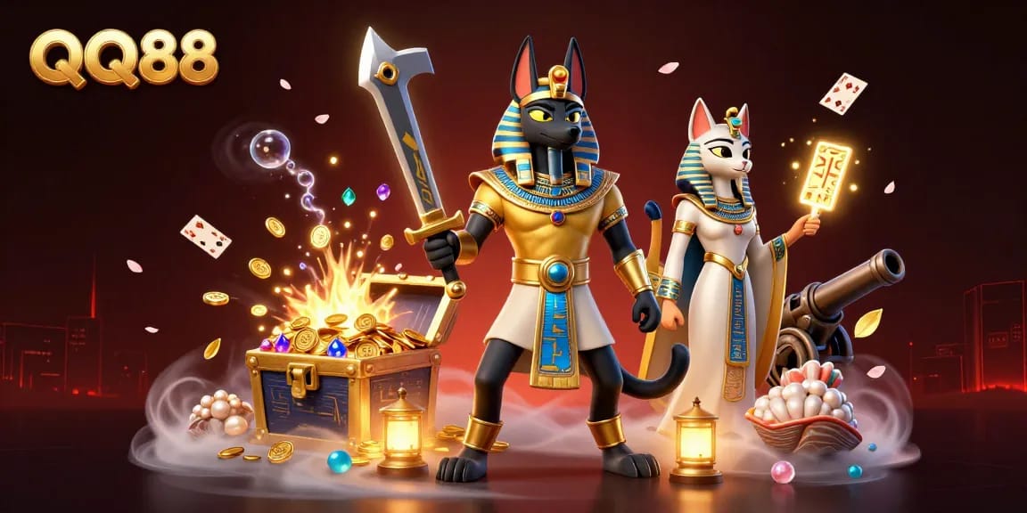 Engage in thrilling gameplay at QQ88 with Anubis and Bastet amid treasures and games.