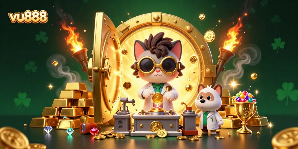 Experience the thrill of winning at vu888 with vibrant gold coins and treasures in a lively casino scene.
