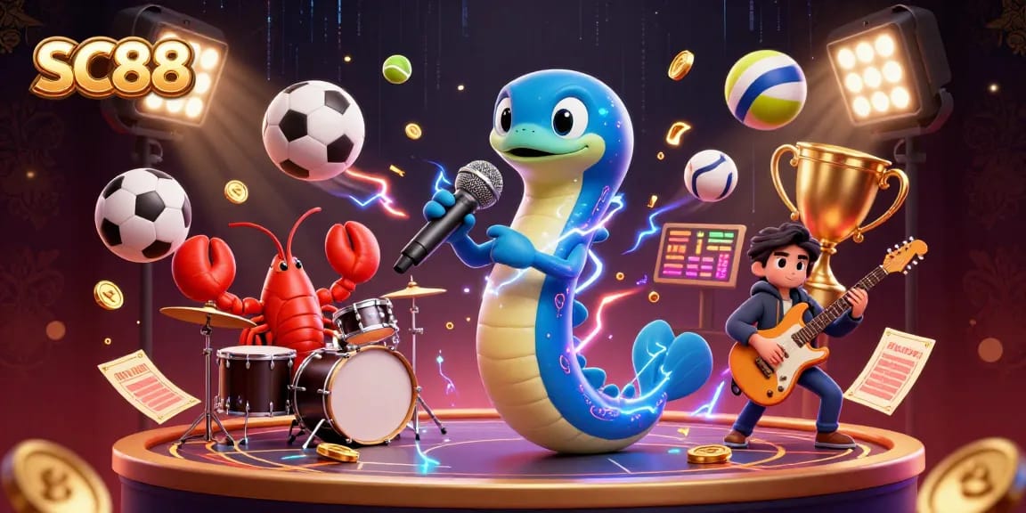 SC88 showcases an electric eel DJ amidst sports-themed elements in a vibrant underwater casino.
