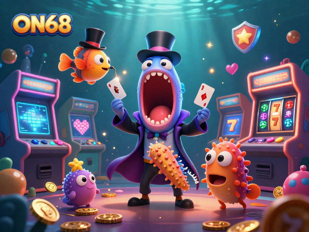 Experience exciting games at ON68 with a magical underwater casino scene featuring vibrant characters and glowing elements.