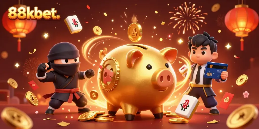 Experience thrilling gameplay at 88kbet. with casino elements and dynamic characters amidst a celebration.