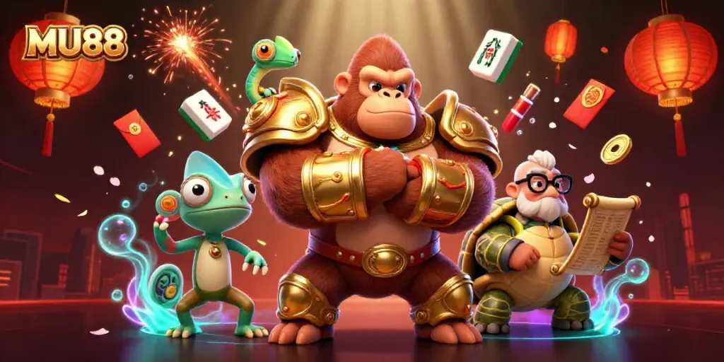 Win big with MU88 illustrated scene showcasing a powerful gorilla king and vibrant casino elements.