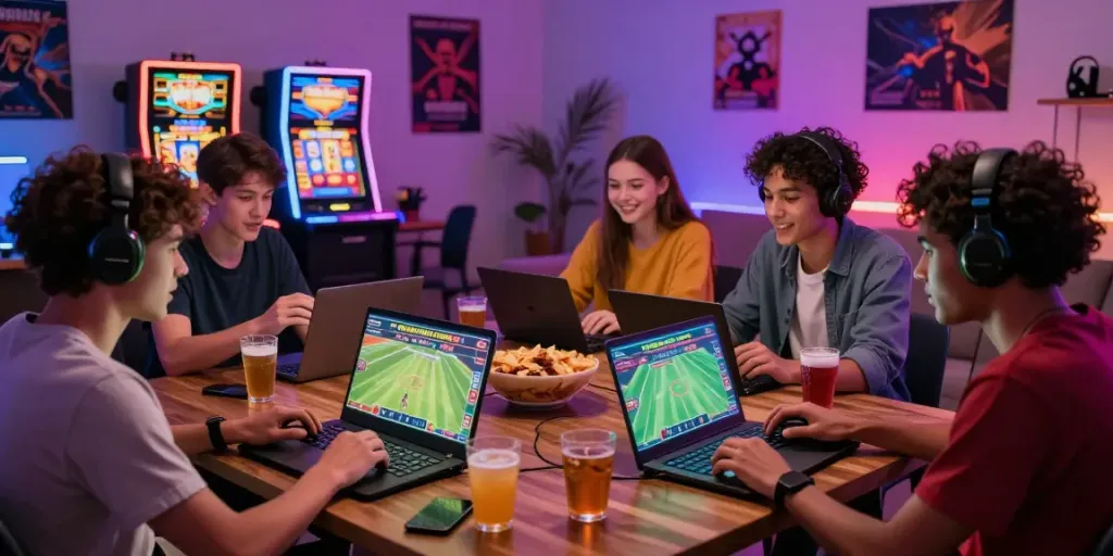Friends enjoying uk88 online gaming while betting on sports and casino games