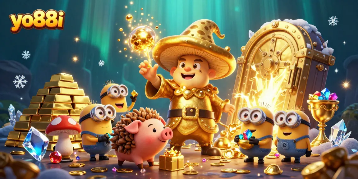 Experience magical wins with yo88i's golden wizard and treasure in a vibrant casino scene.