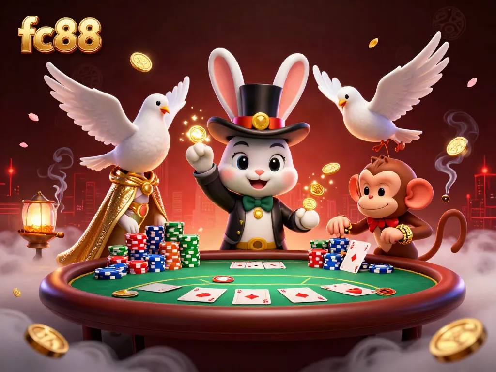 Win big with fc88 in this vibrant casino scene featuring a magician and poker elements.