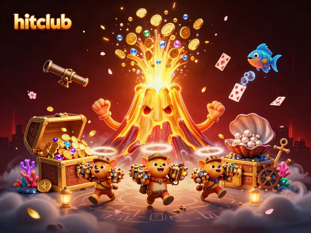 Hitclub presents thrilling action with a triumphant golden volcano amidst dynamic treasure-filled elements.