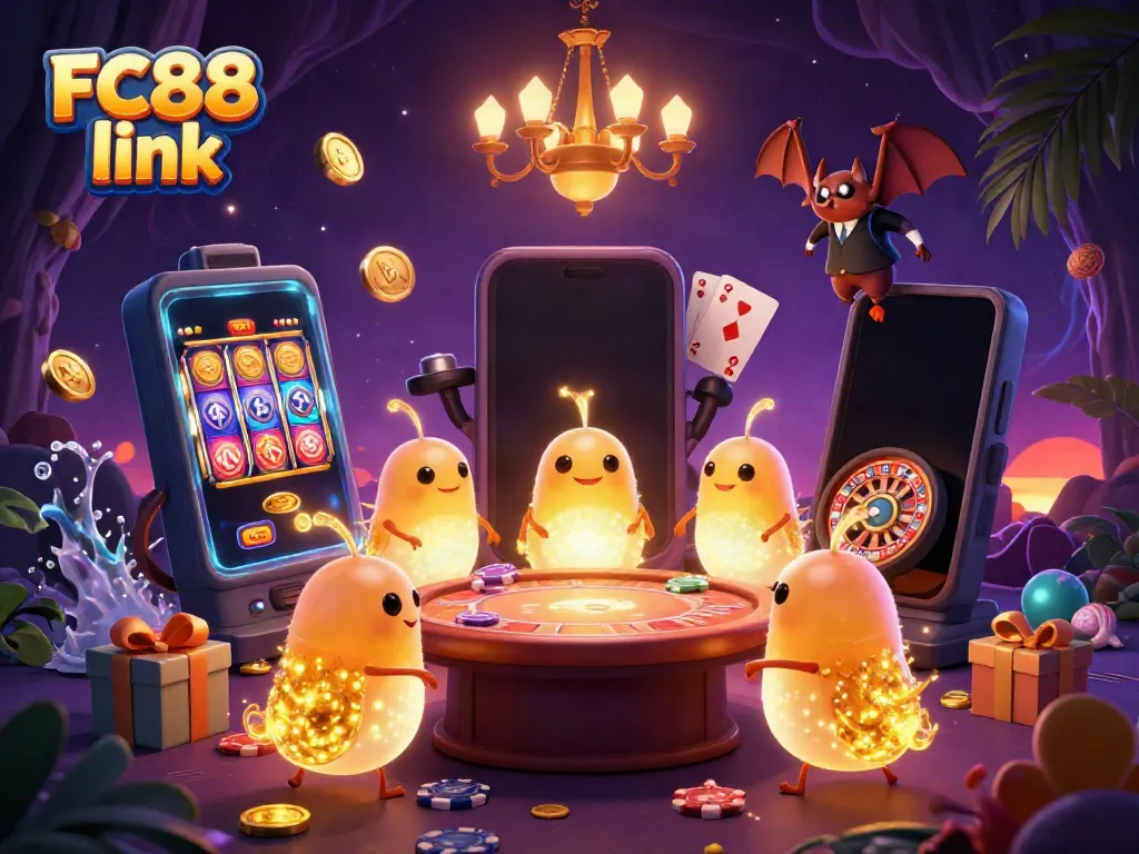 Light up your wins with FC88 link in this vibrant casino illustration featuring glowworms and a bat dealer.