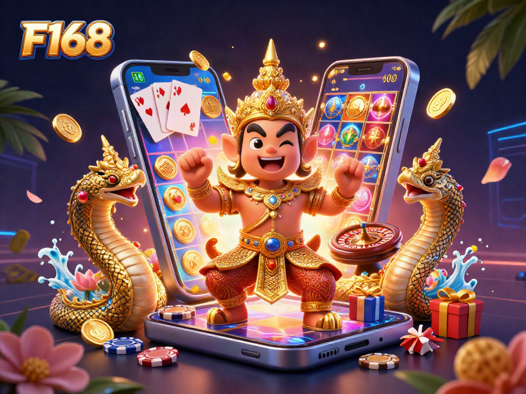 Engage with F168: A vibrant 3D casino scene featuring a temple guardian and dynamic gaming elements.