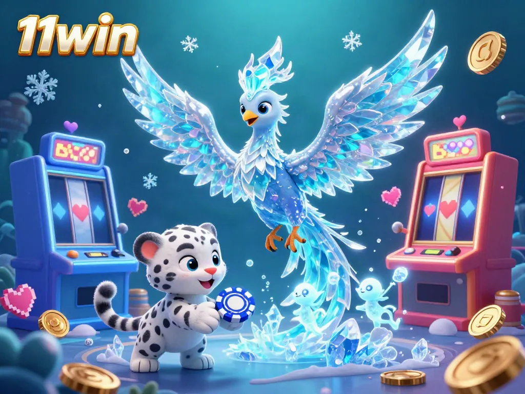Experience the magic of 11win with vibrant slot machines and an ice phoenix in a dazzling casino scene.
