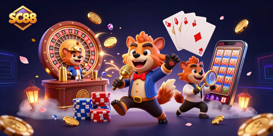 Hyenas performing comedy at SC88 casino, surrounded by vivid gaming elements.