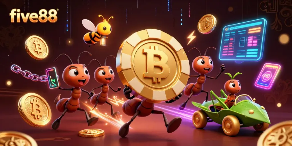Experience the excitement of five88 as a team of cartoon ants carries a giant poker chip while navigating a vibrant casino scene.