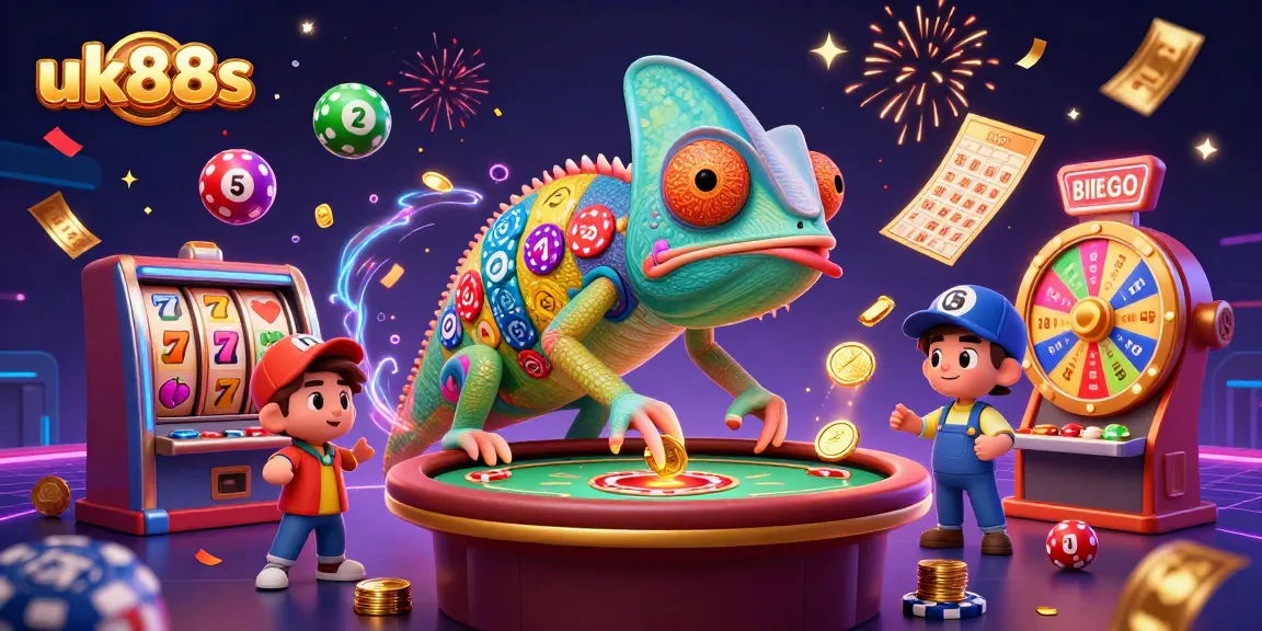 Engage with uk88s in a vibrant casino scene featuring a colorful chameleon owner, lottery balls, and jackpot excitement.