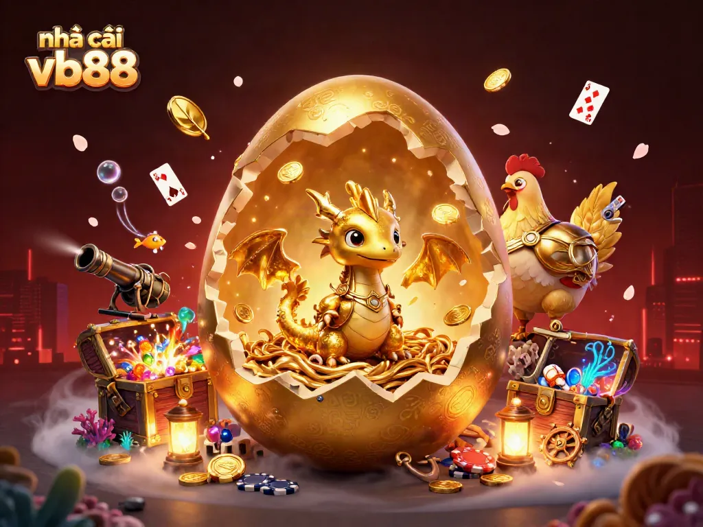 Engage with nhà cái vb88 while discovering a vibrant scene with a golden dragon amidst poker chips and treasure.