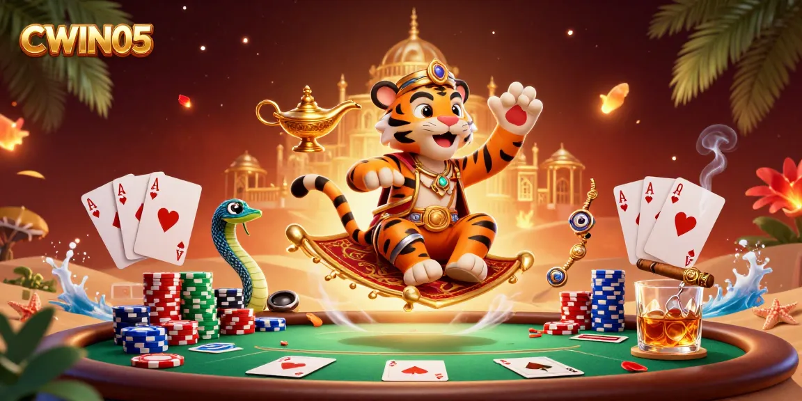 CWIN05 showcases an Atlantic-themed tiger sultan on a poker chip carpet surrounded by vibrant casino elements