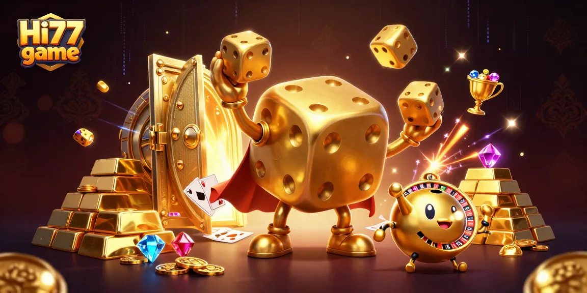 Engage in the thrilling Hi77 game as golden dice juggle jewels in an energetic casino scene.