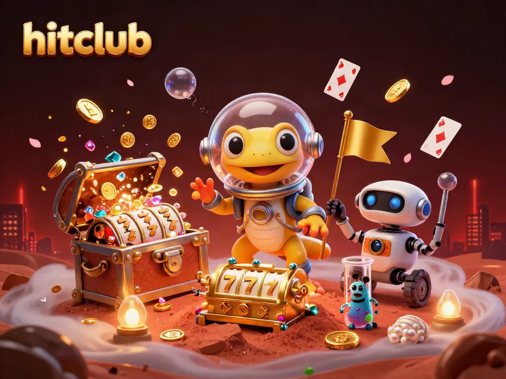 Catch the excitement at hitclub with a gecko astronaut exploring an alien casino bursting with treasures.
