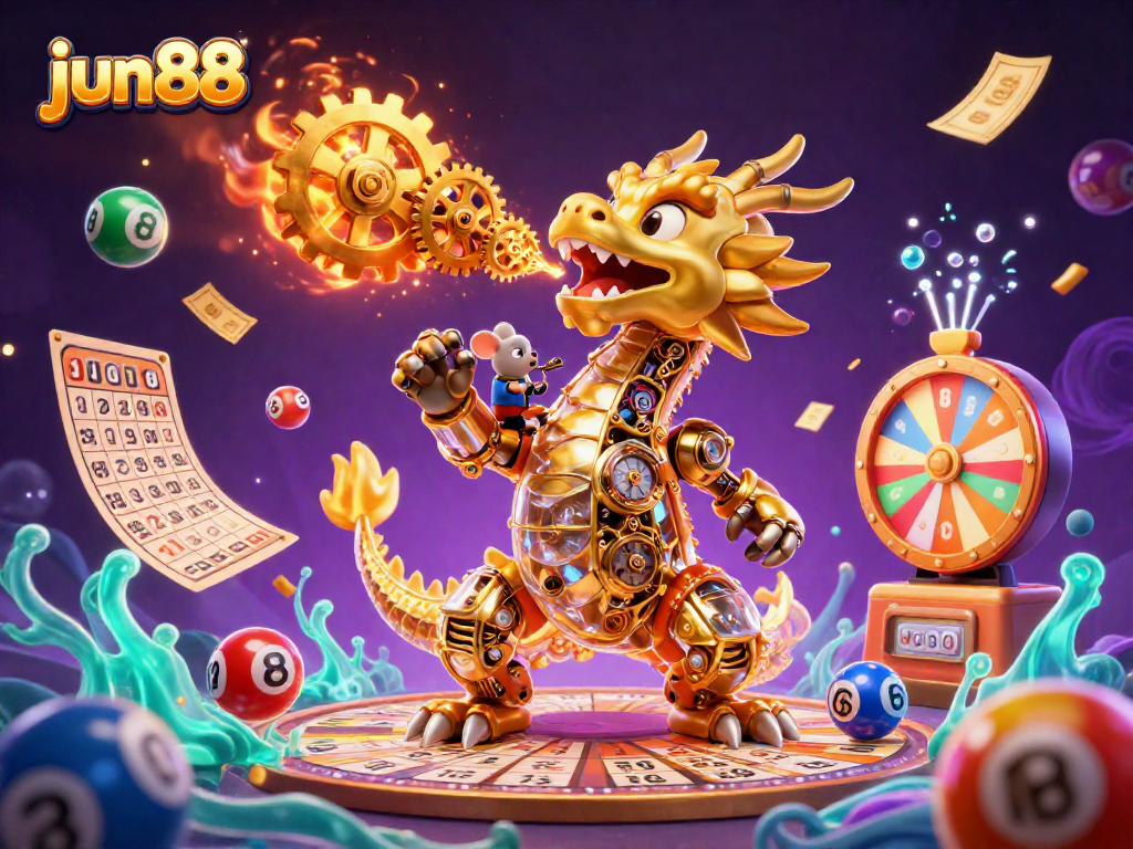 Experience adventure with the engaging jun88 dragon as golden gears, colorful lottery balls, and dynamic prizes intertwine.