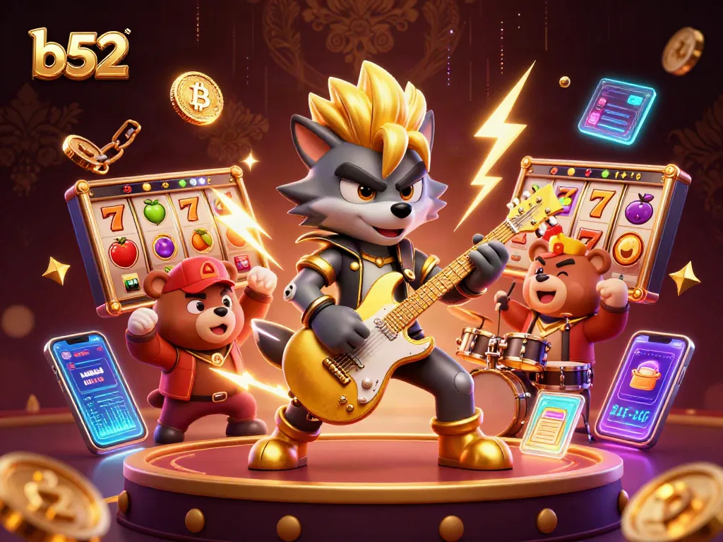 B52 showcases thrilling slot action with vibrant characters and neon cryptocurrency elements.