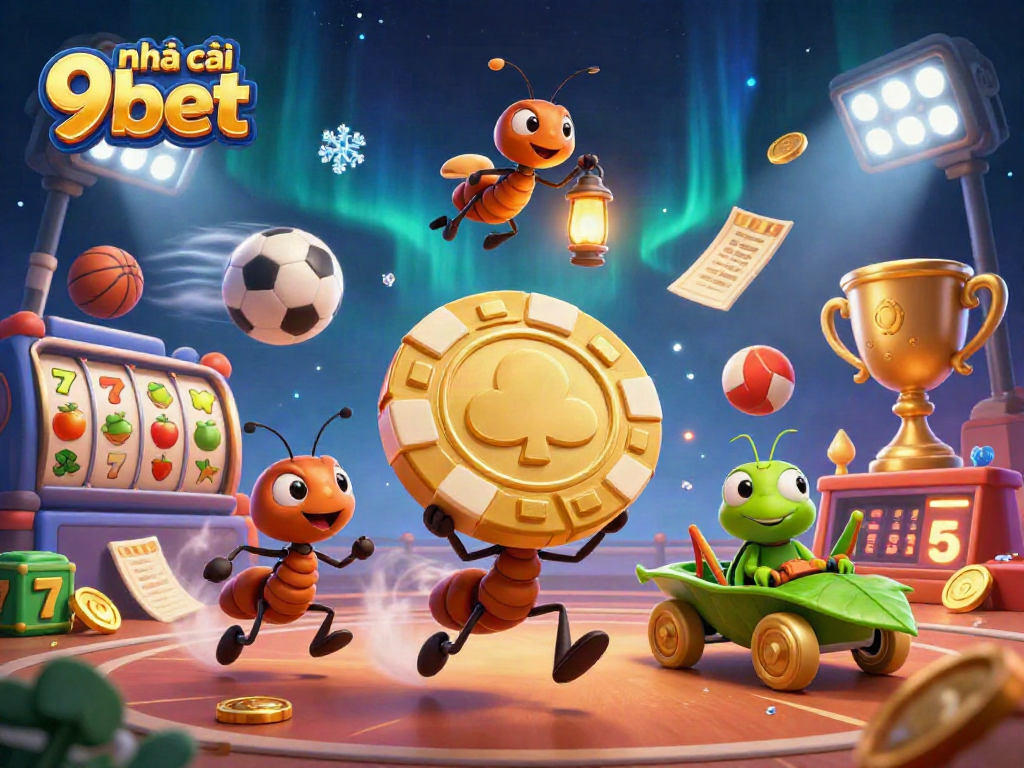 Exciting scene depicting nhà cái 9bet heist with ants, poker chip, and vibrant casino elements.