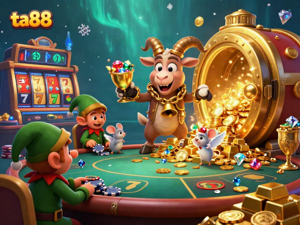 Experience thrilling fun at ta88 with a 3D cartoon Krampus managing a festive casino while mischievous gremlins steal poker chips.