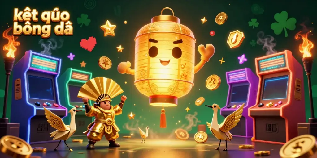 Engage with the latest kết quả bóng đá results amidst a vibrant casino-themed 3D scene filled with golden symbols and arcade games.