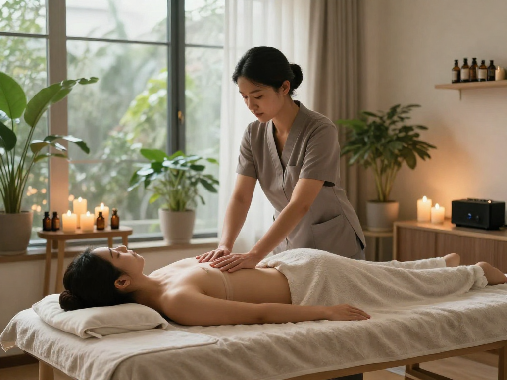 출장마사지 in a luxury home setting with a professional therapist providing soothing massage in a serene environment.