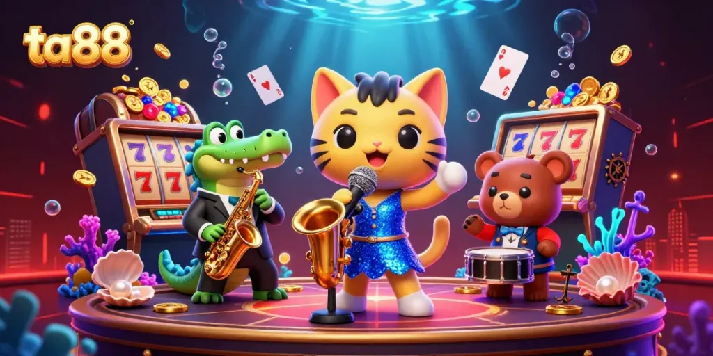 Join the excitement at ta88's casino scene with a lively jazz band of animated characters.