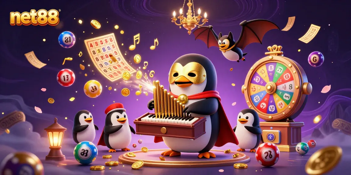 Engage with net88's vibrant casino world featuring a penguin playing an organ with golden coins.