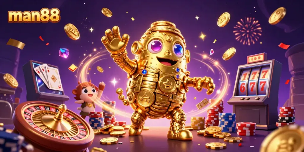 Experience thrilling gameplay at man88 with a grand ancient golden golem amidst dazzling casino elements.