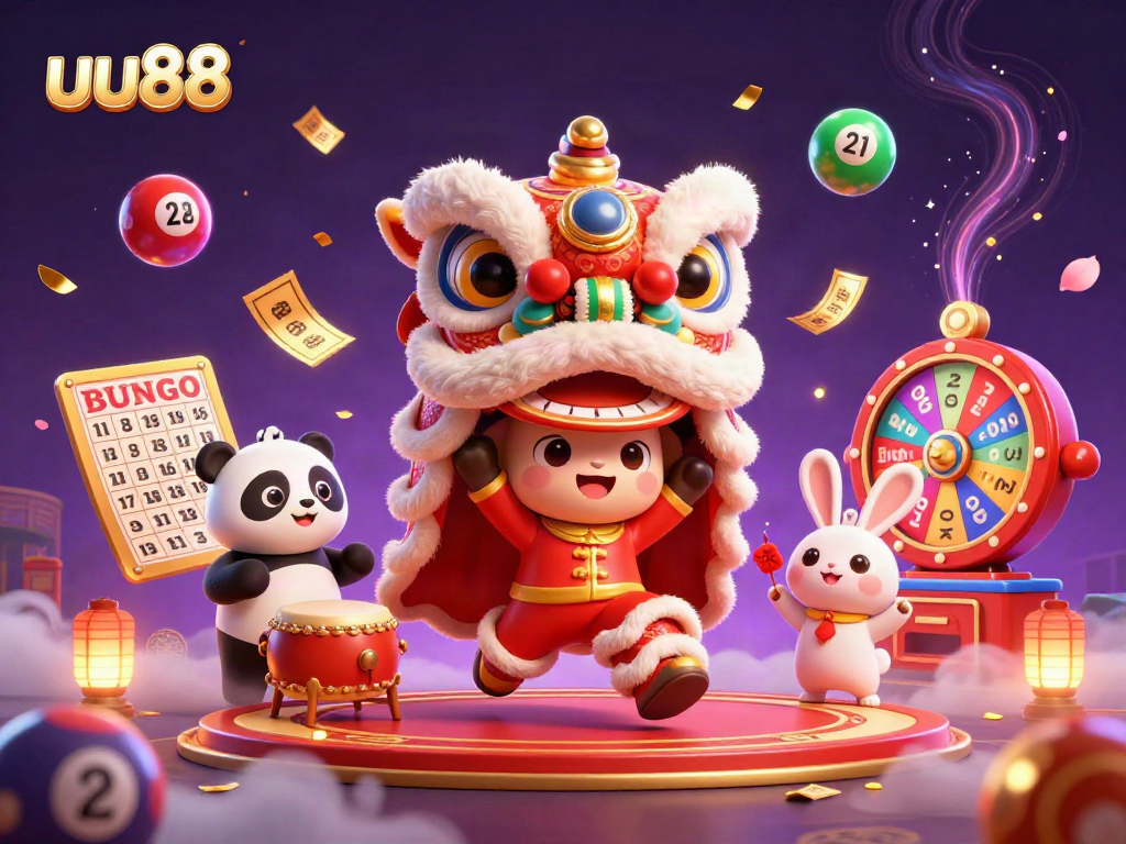 Engage in thrilling fun with uu88 as colorful lottery elements and a festive lion dance bring excitement to casino gaming.