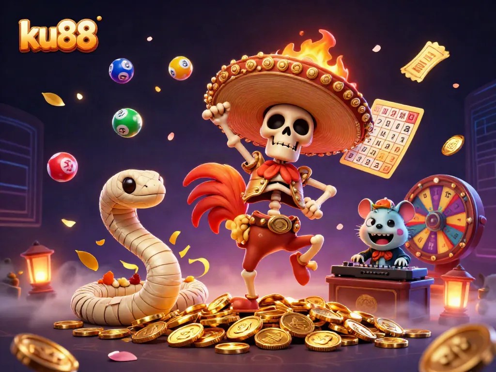 Engage in thrilling lottery excitement with ku88, featuring vibrant characters celebrating wins.