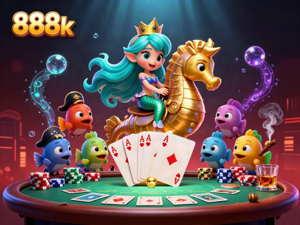Engage with 888k's thrilling underwater adventure with a mermaid and seahorse amidst poker action.