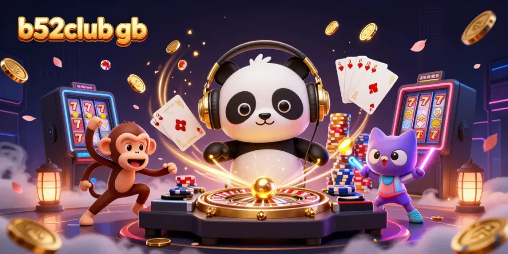 Experience excitement with b52club gb as characters engage in vibrant casino fun, surrounded by animated game elements.