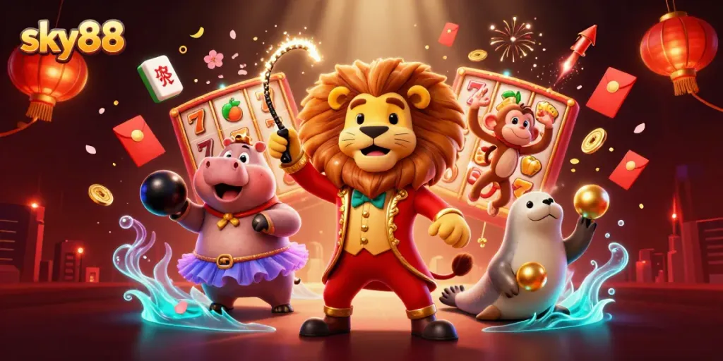 Join the fun at sky88 with vibrant 3D casino characters surrounded by animated slot reels and festive decorations.