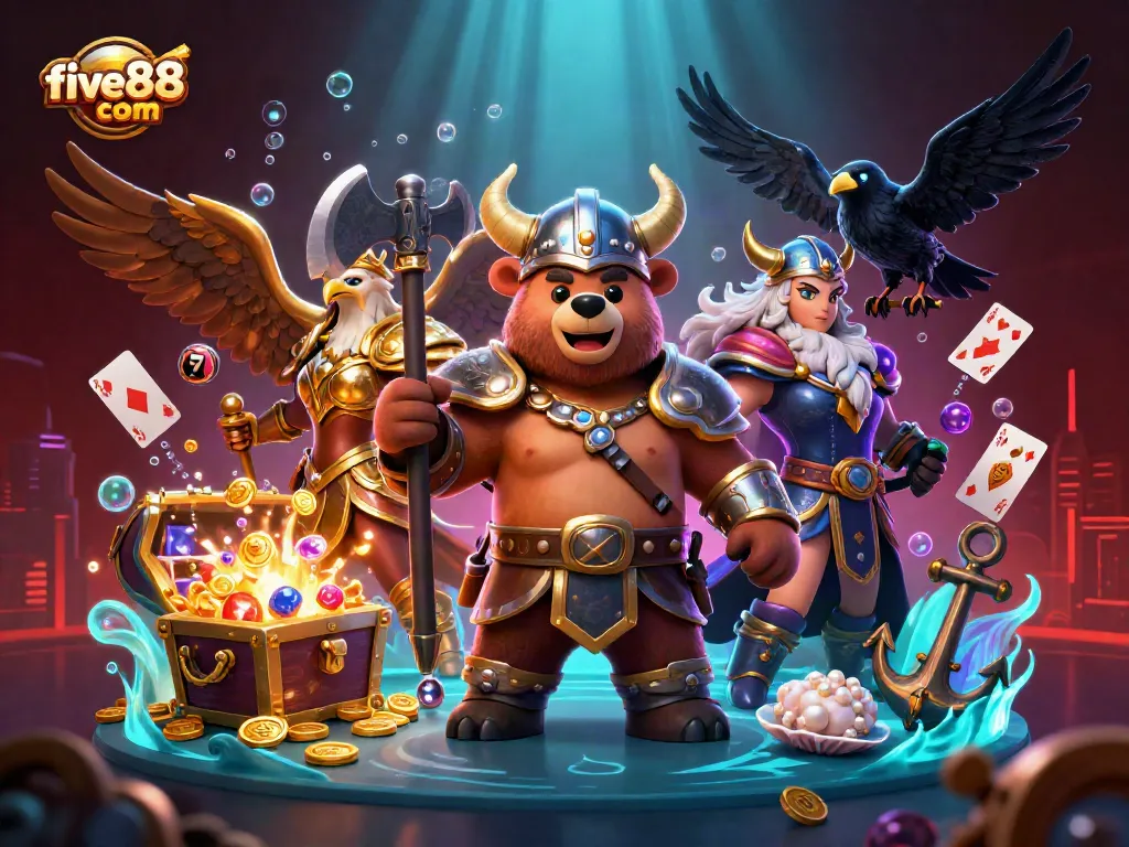 Experience thrilling action at five88 com with a vibrant 3D casino illustration of epic characters.