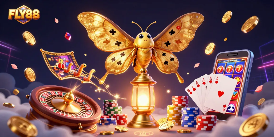FLY88 captivates players with a vibrant illustration of casino activities and golden rewards.